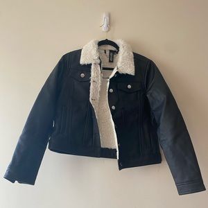 iconic black leather with fur inside silver button up fitted jacket